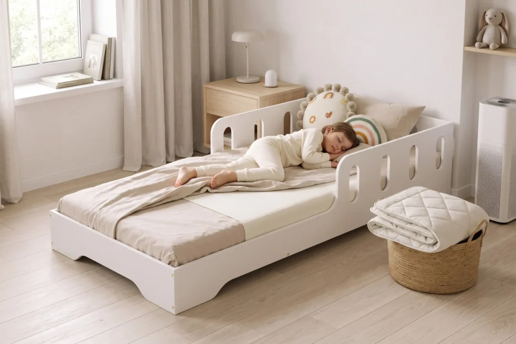 Lit enfant TILA 6 blanc avec barrières, petite fille endormie sur le matelas dans une chambre claire et minimaliste.