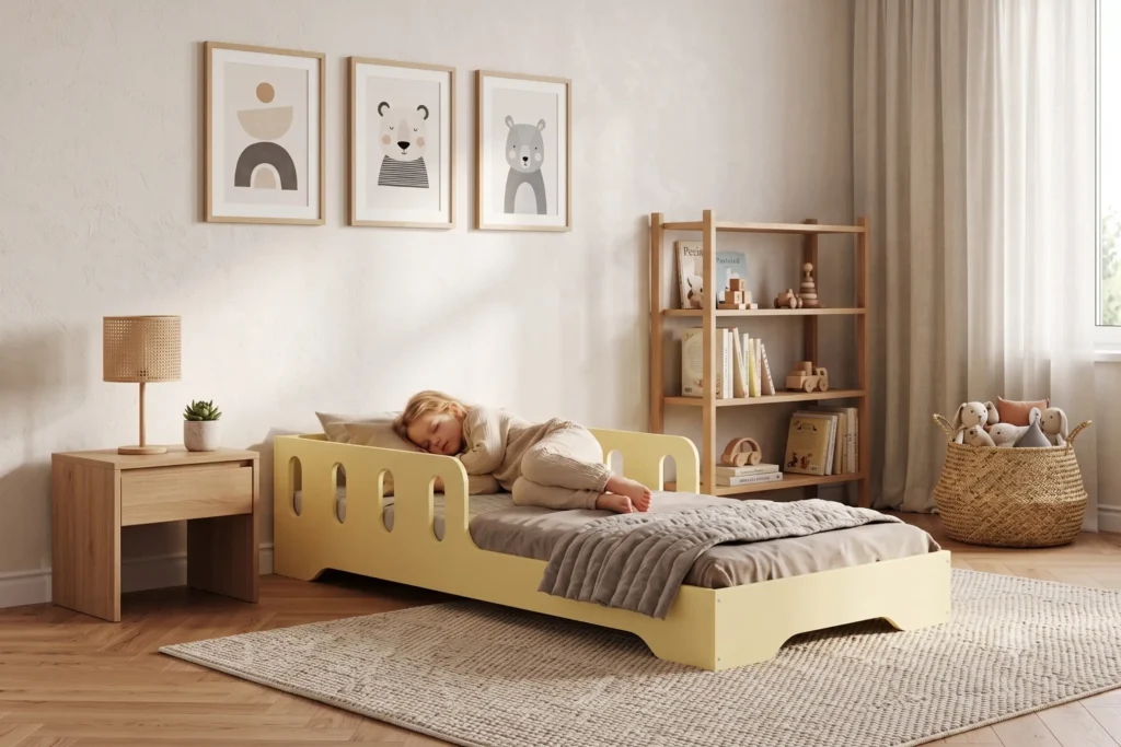 Lit enfant TILA 6 jaune beurre avec barrière, petite fille endormie sous une couverture dans une chambre lumineuse.