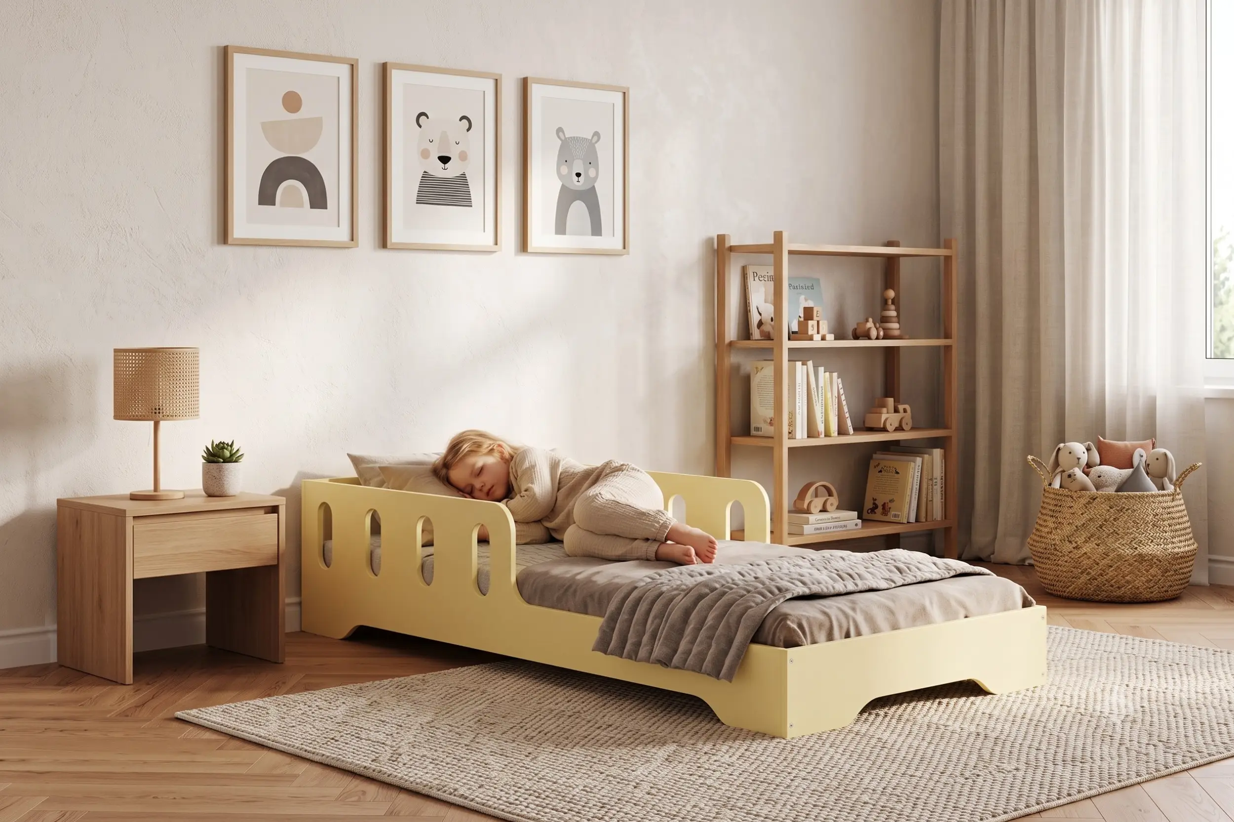 Lit enfant TILA 6 jaune beurre avec barrière, petite fille endormie sous une couverture dans une chambre lumineuse.