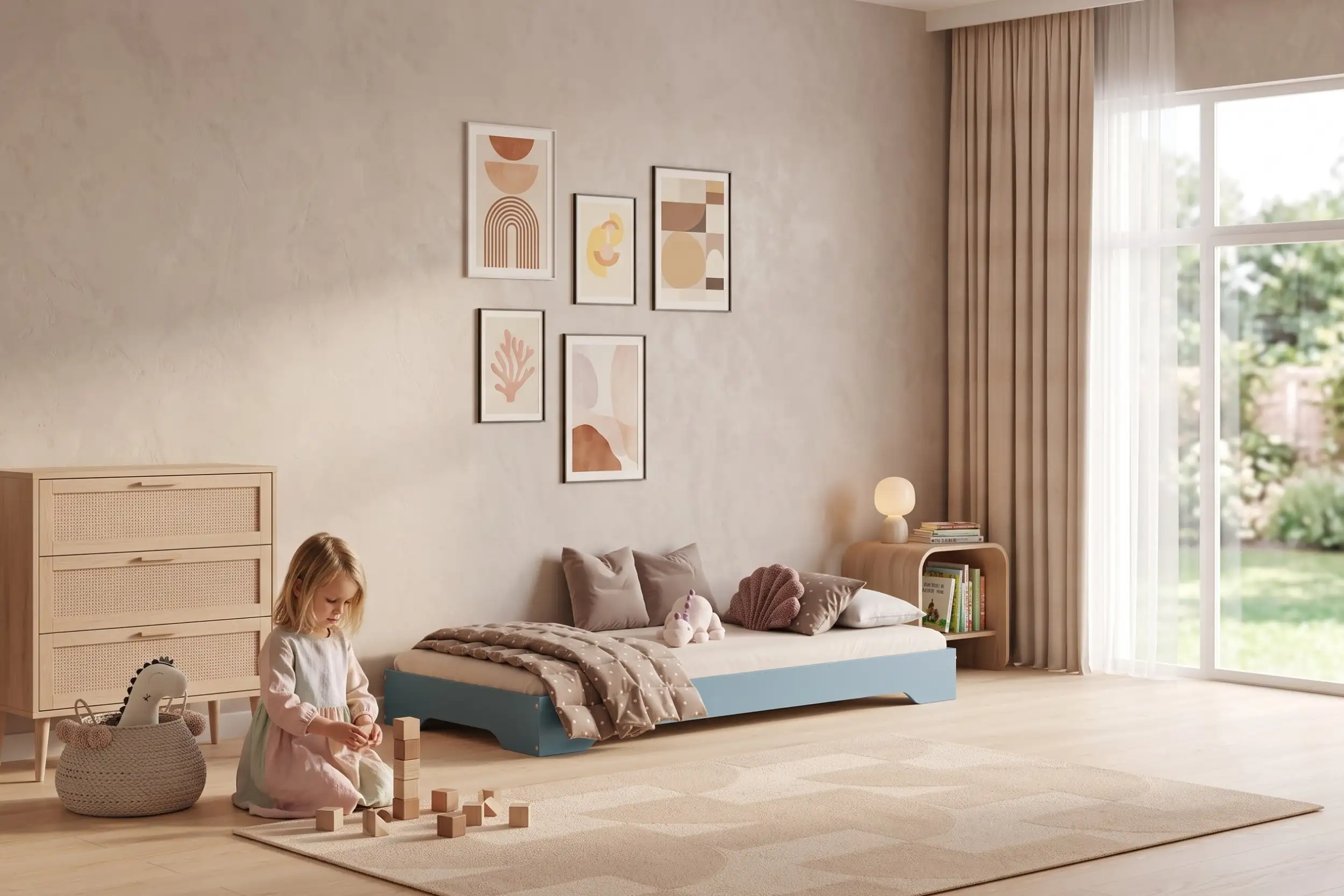 Lit enfant TILA 7 bleu, conception basse au sol, une fillette joue avec des cubes près du lit.