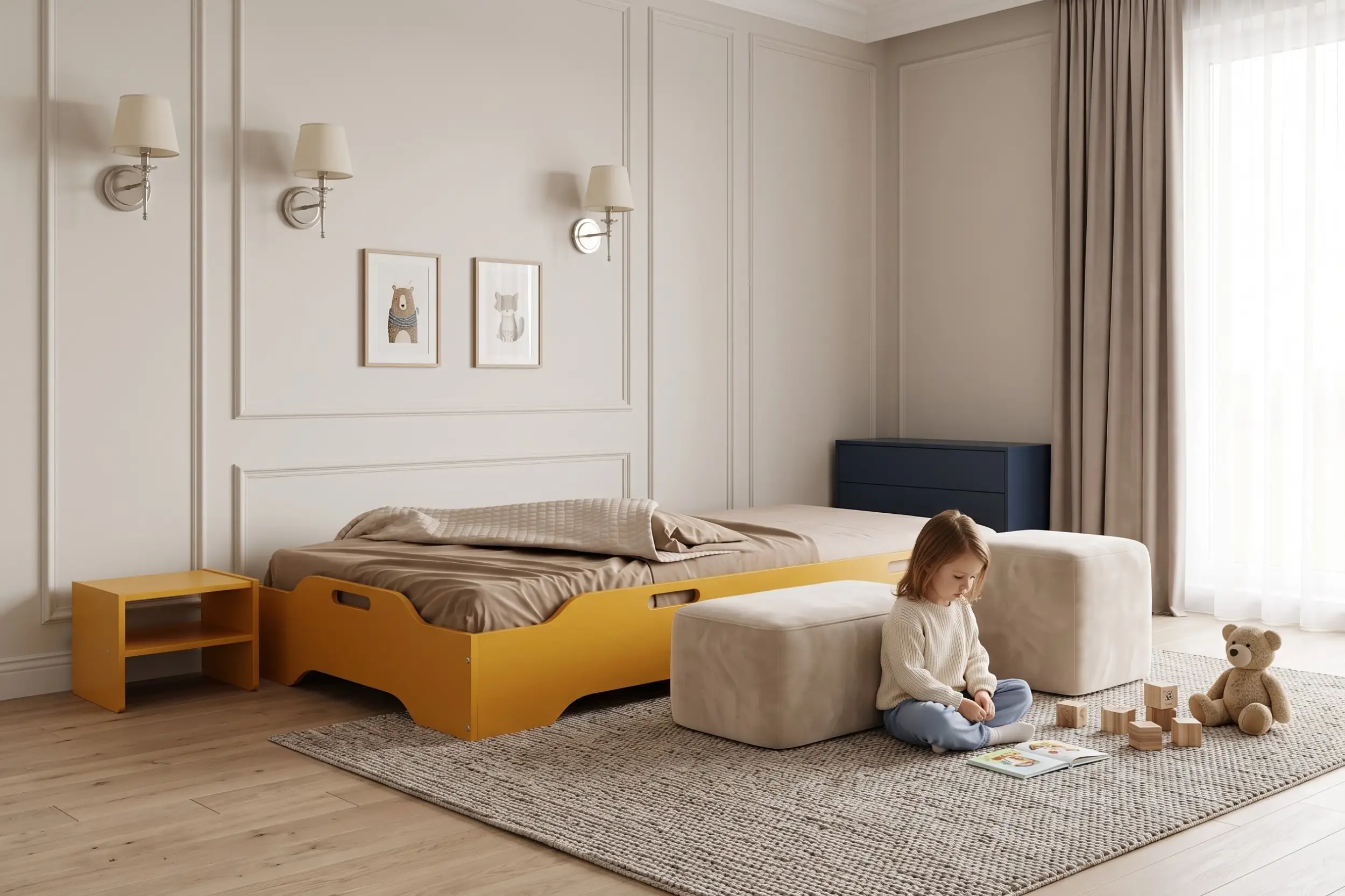 Lit enfant TILA 8 jaune moutarde avec barrières, coussins et couvre-lit devant un mur rayé dans une chambre colorée.