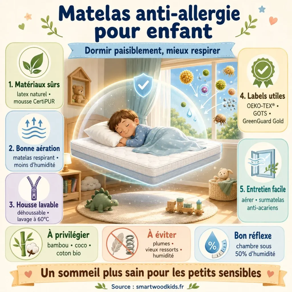 Infographie : matelas pour enfant allergique - ventilation, matériaux hypoallergéniques, housse déhoussable, entretien facile et labels certifiés.