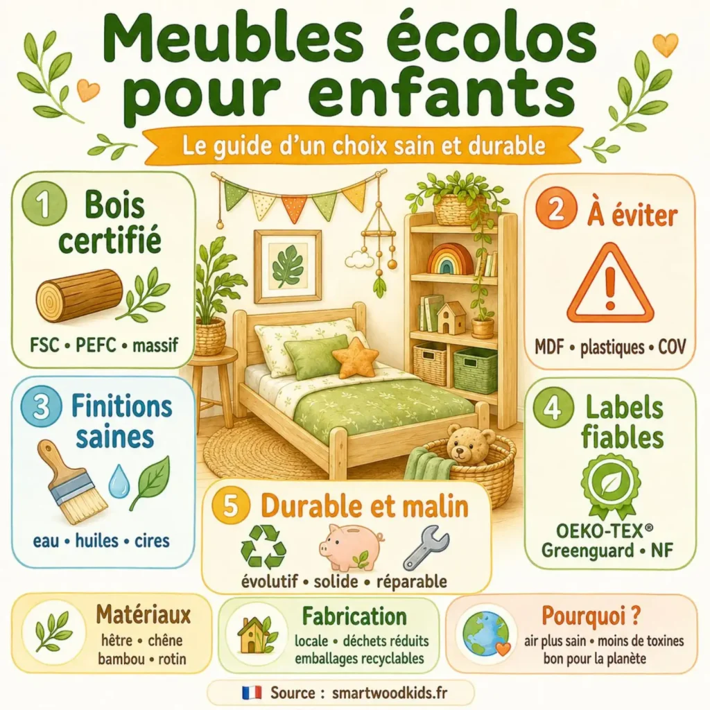 Infographie : meubles écolos pour enfants - bois certifié, finitions saines, labels fiables et fabrication durable.