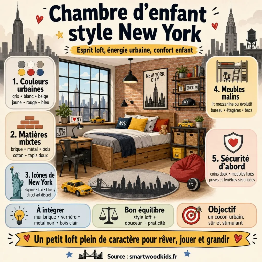 Infographie : style new-yorkais dans la chambre d'enfant - base neutre, bois chaleureux, détails NYC, textiles doux et rangement.