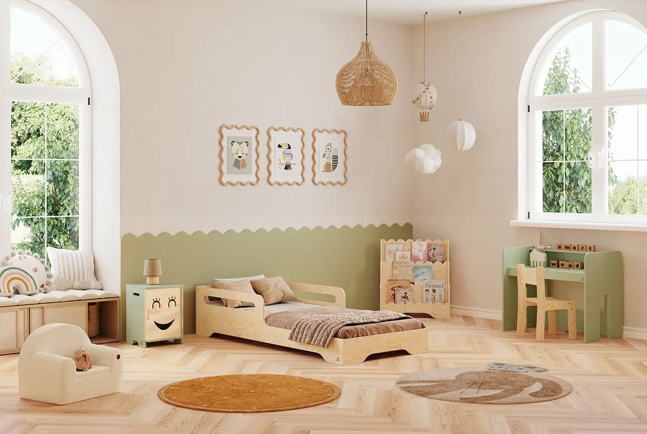 Lit enfant TILA 3 en bois naturel avec barrières de sécurité, dans une chambre d’enfant lumineuse aux tons naturels.