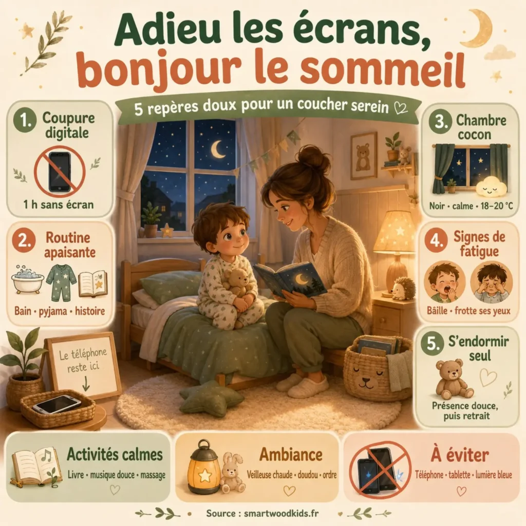 Infographie : adieu les écrans, bonjour le sommeil - coupure digitale, routine apaisante, chambre cocon et signes de fatigue.
