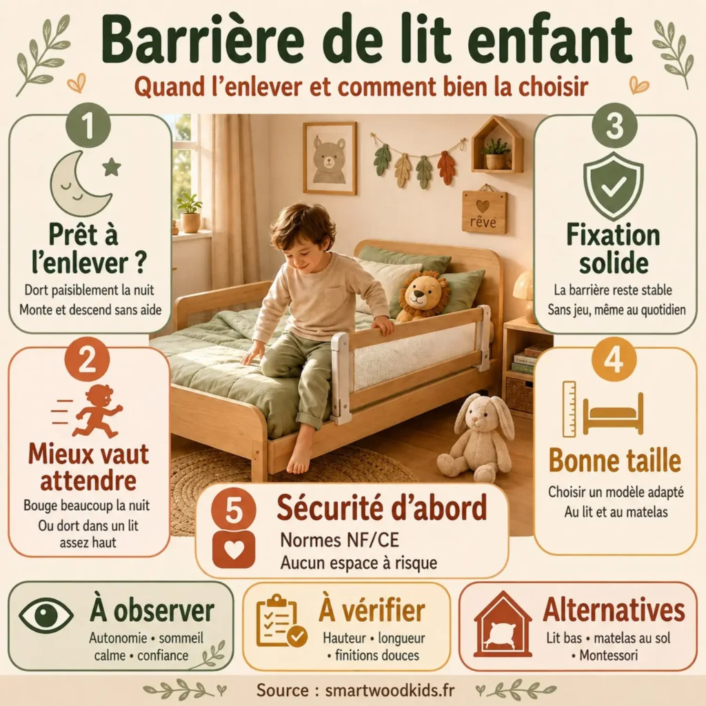 Infographie : barrière de lit enfant - quand l'enlever, fixation solide, bonne taille et sécurité selon les normes.
