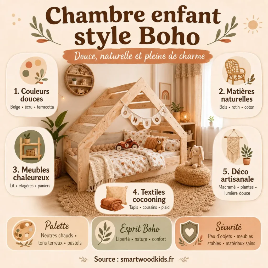 Infographie : chambre enfant style boho - couleurs douces, matières naturelles, meubles chaleureux, textiles cocooning et déco artisanale.