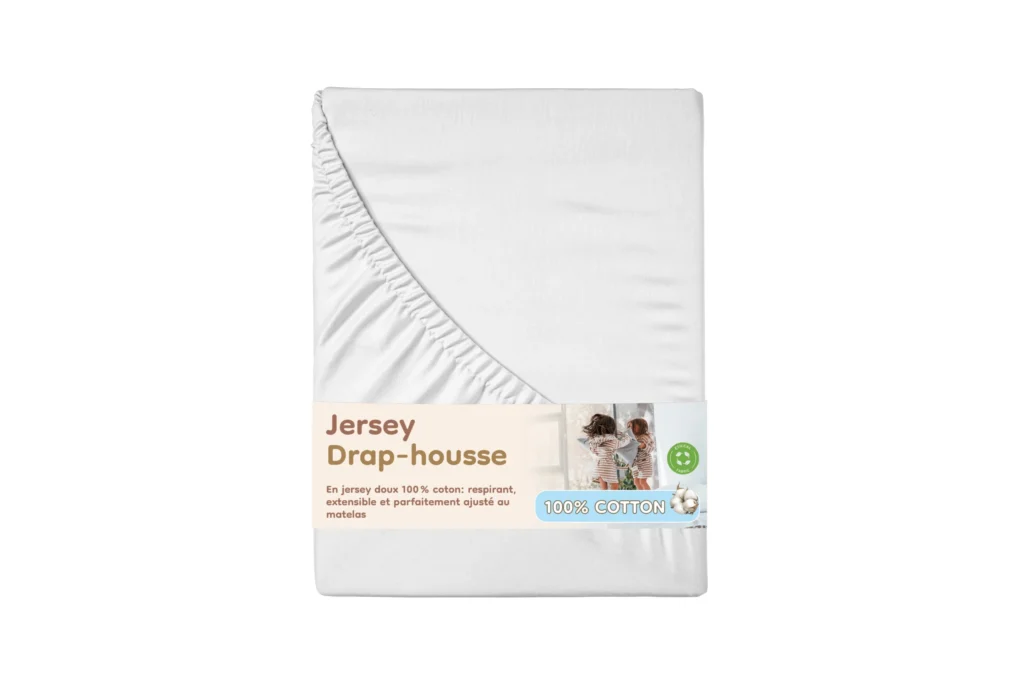 Drap-housse enfant blanc en jersey 100% coton, extensible et ajusté au matelas