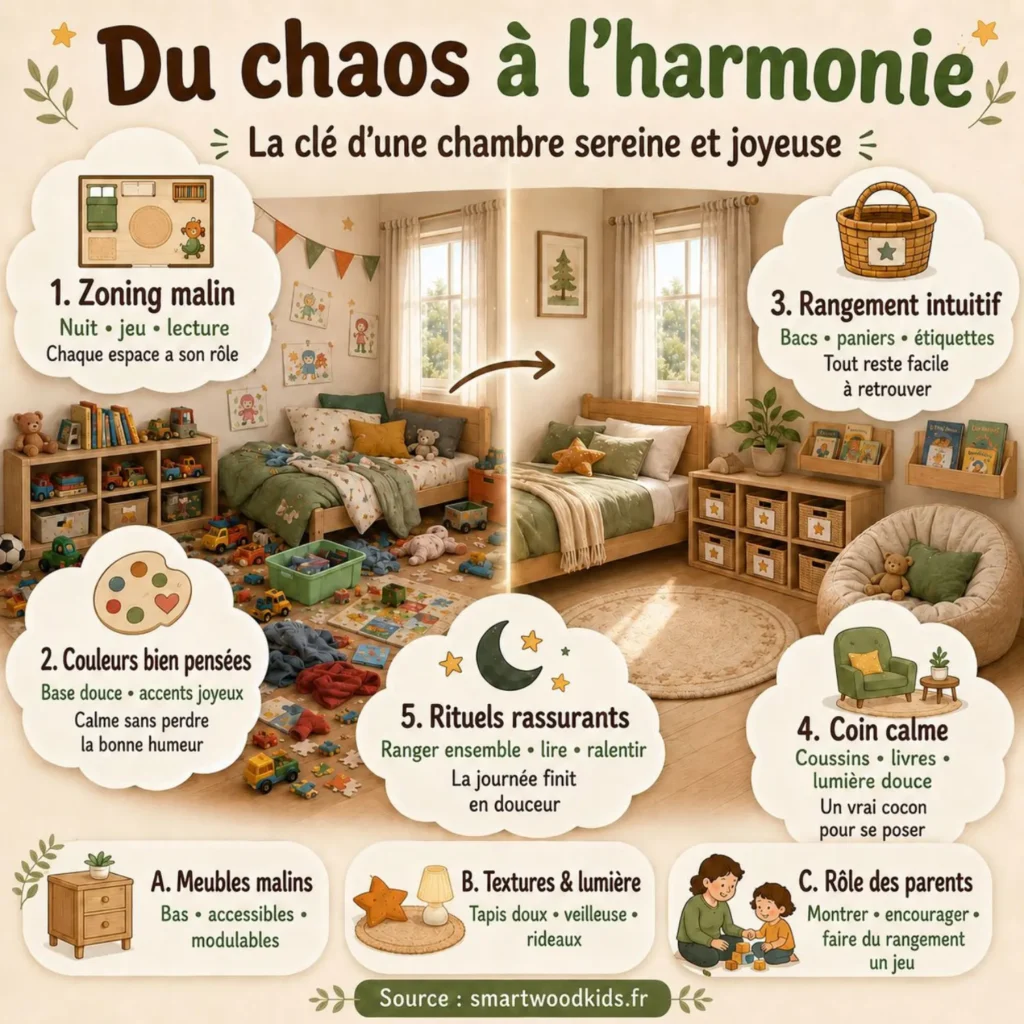 Infographie : du chaos à l'harmonie - zoning malin, couleurs bien pensées, rangement intuitif, coin calme et rituels rassurants.