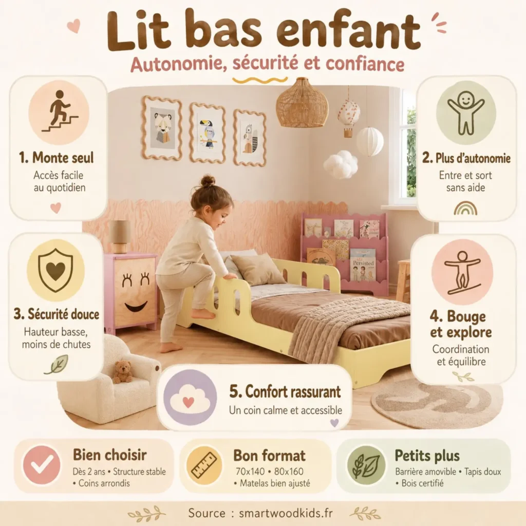 Infographie : lit bas enfant - monte seul, plus d'autonomie, sécurité douce, coordination et coin calme accessible