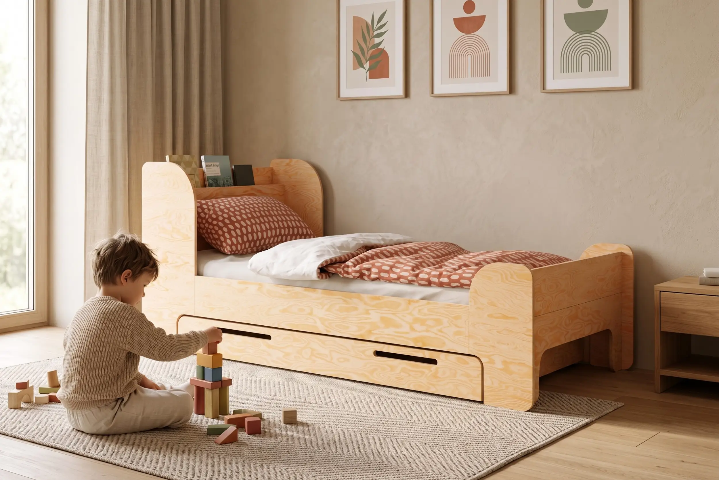 Lit enfant FLOU D en bois naturel avec tiroir de rangement, petit garçon jouant aux cubes sur le tapis à côté du lit.