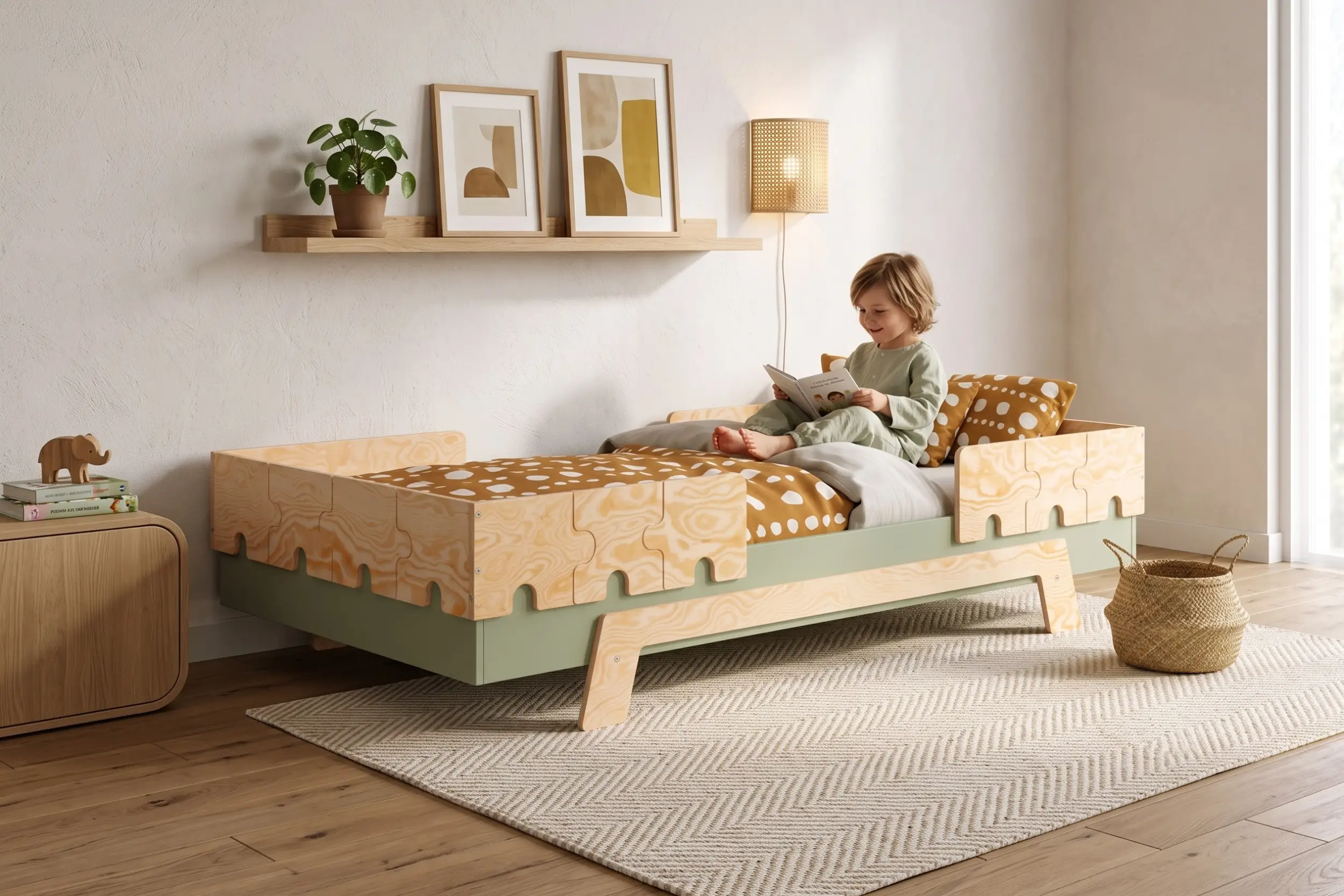 Lit enfant PUZZLE BR2 vert avec barrières au motif puzzle, petit garçon lisant un livre sur le lit dans une chambre lumineuse.