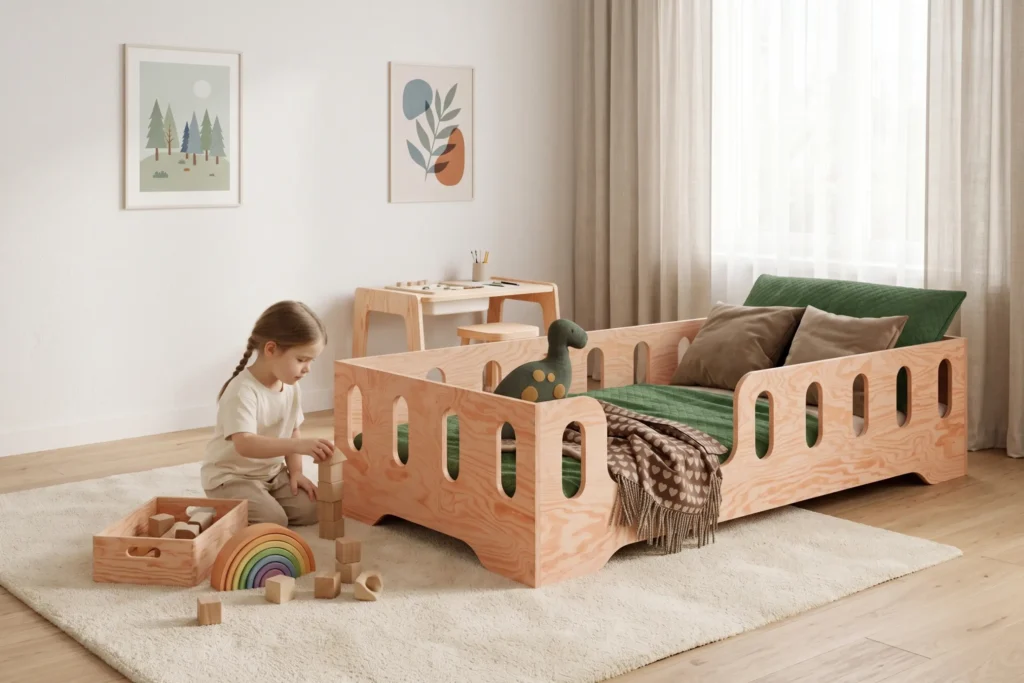 Lit enfant TILA 2 en bois naturel avec barrière tout autour et entrée à gauche, petite fille jouant aux cubes sur le tapis.