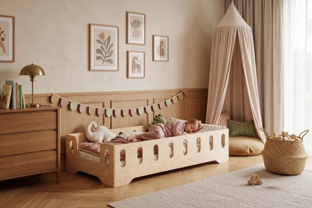 Lit enfant TILA 2 en bois naturel avec barrière tout autour et entrée latérale, petite fille endormie sous une couverture rose.