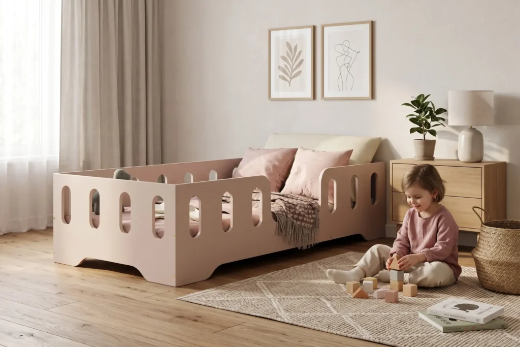 Lit enfant TILA 2 cachemire avec barrière et découpes ovales, petite fille jouant aux cubes sur le tapis à côté du lit.