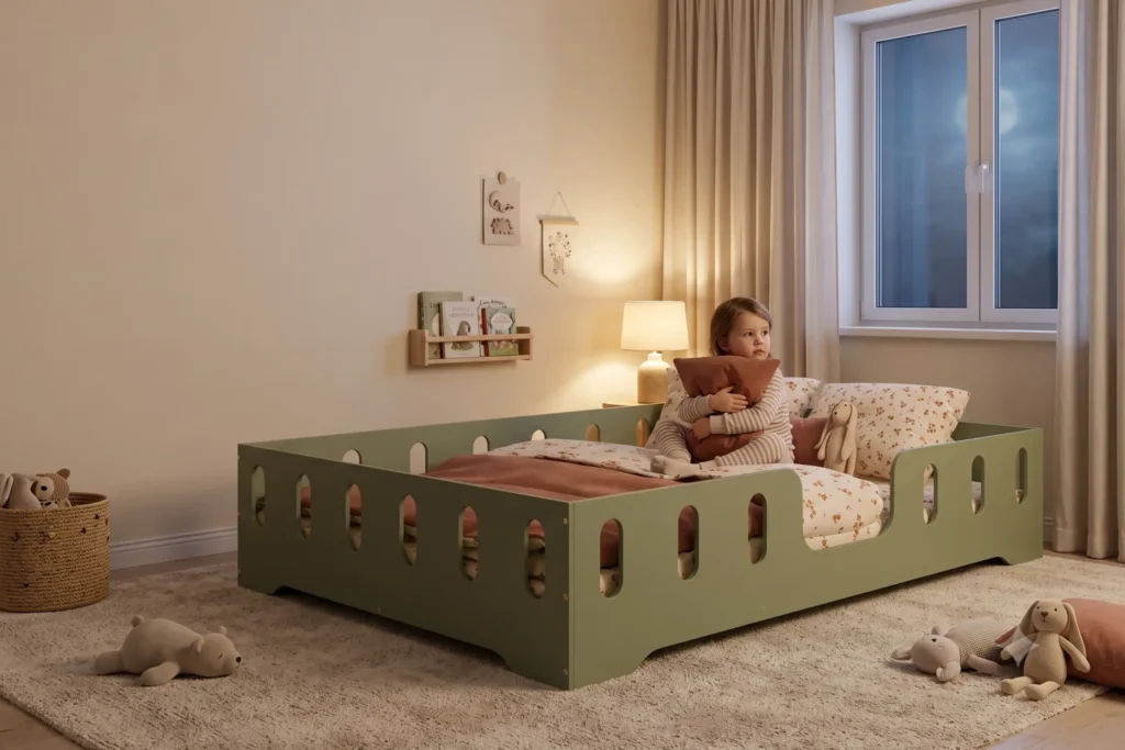 Lit enfant TILA 2 XL vert avec barrières sur tout le pourtour, petite fille assise dans le lit serrant un coussin, veilleuse allumée.