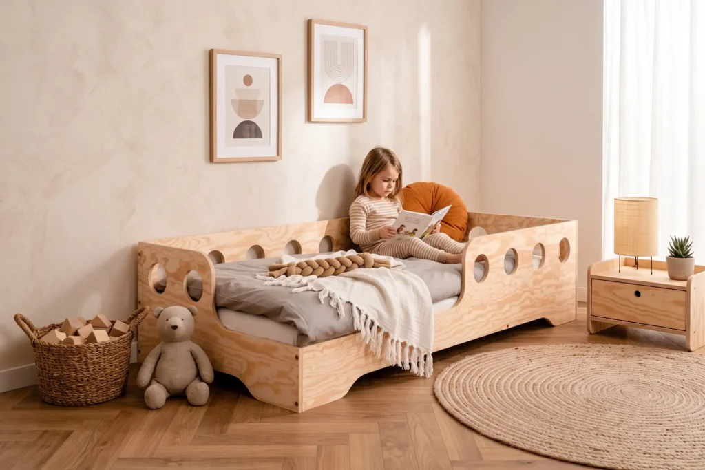Lit enfant TILA 5 en bois naturel avec barrières à découpes rondes, petite fille lisant un livre appuyée sur un coussin.