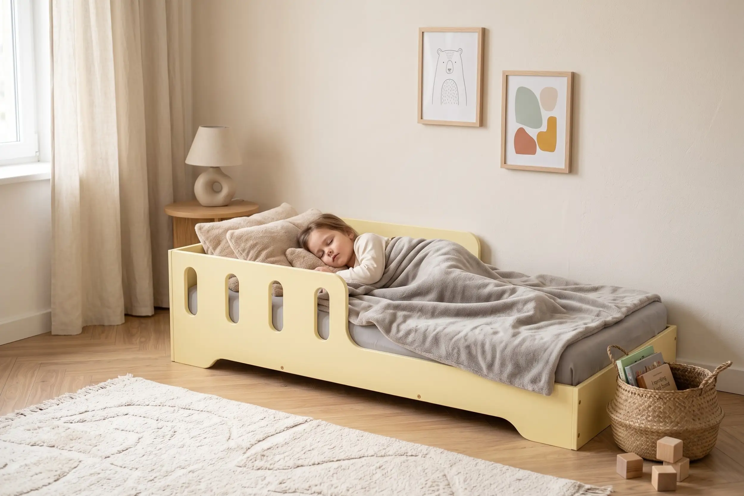 Lit enfant TILA 6 jaune beurre avec barrière, petite fille endormie sous une couverture grise dans une chambre lumineuse.