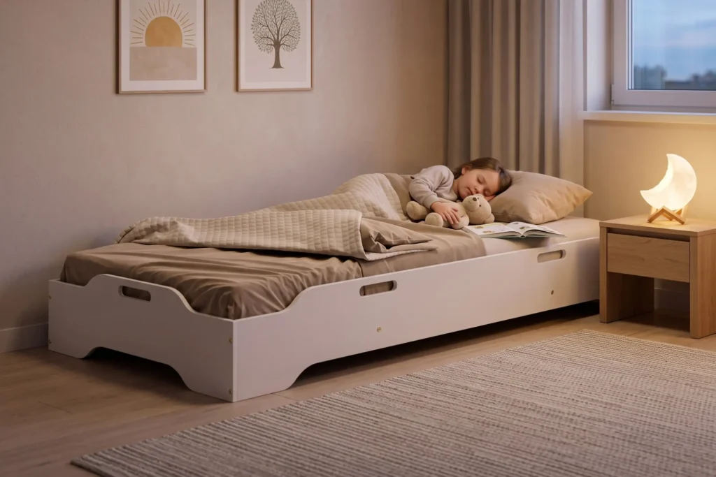 Lit enfant TILA 8 blanc bas, petite fille endormie avec un doudou ours et un livre ouvert, veilleuse lune sur la table de nuit.