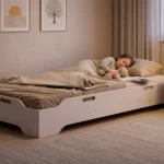 Lit enfant TILA 8 blanc bas, petite fille endormie avec un doudou ours et un livre ouvert, veilleuse lune sur la table de nuit.
