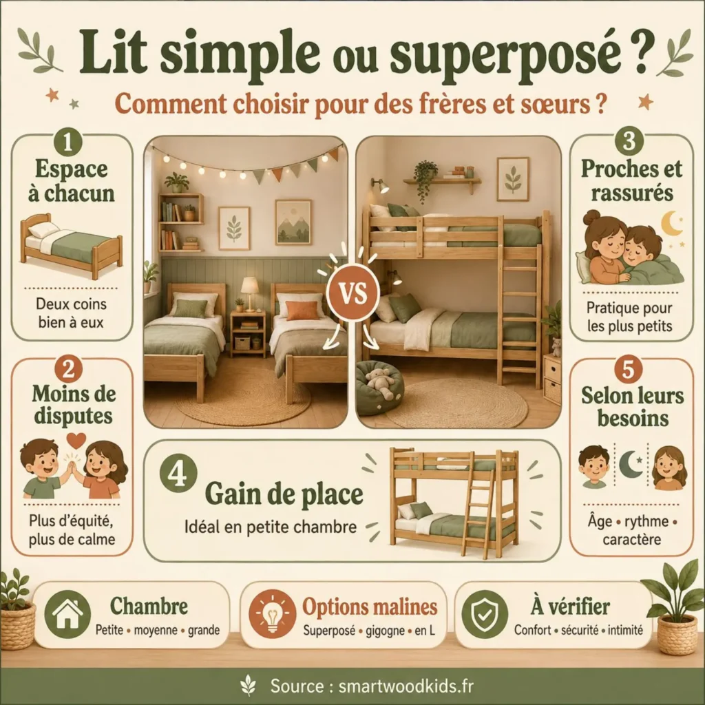Infographie : lit simple ou superposé - espace à chacun, moins de disputes, gain de place et choix selon leurs besoins.