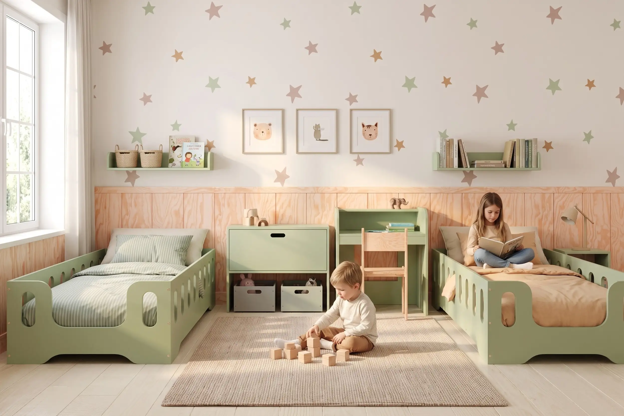 Deux lits enfant TILA 2 verts avec barrières dans une chambre partagée, un garçon joue aux cubes et une fille lit sur son lit.