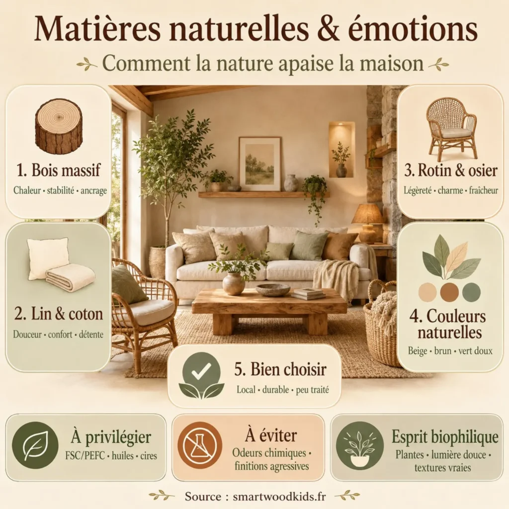 Infographie : matières naturelles et émotions - bois massif, lin et coton, rotin et osier, couleurs naturelles et choix durable.