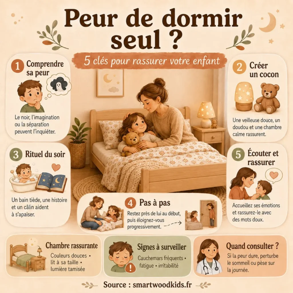 Infographie : peur de dormir seul - comprendre sa peur, créer un cocon, rituel du soir et rassurer l'enfant pas à pas.