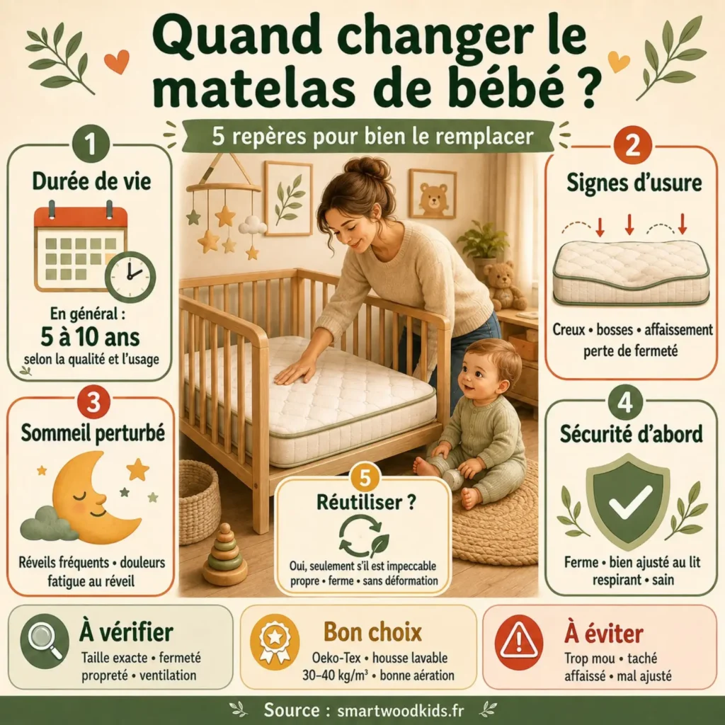 Infographie : quand changer le matelas de bébé - durée de vie, signes d'usure, sommeil perturbé et sécurité avant tout.