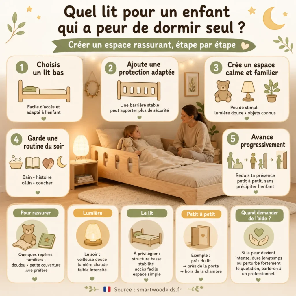 Infographie : quel lit pour un enfant qui a peur de dormir seul — lit bas, protection adaptée, espace calme et routine du soir.