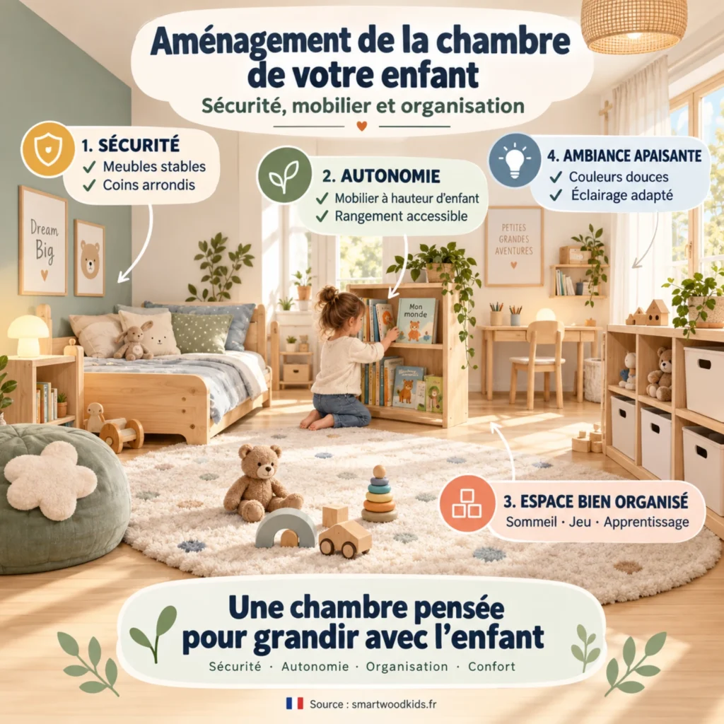 Infographie : aménager la chambre de son enfant - meubles stables, mobilier à hauteur d'enfant, espaces sommeil, jeu et apprentissage.