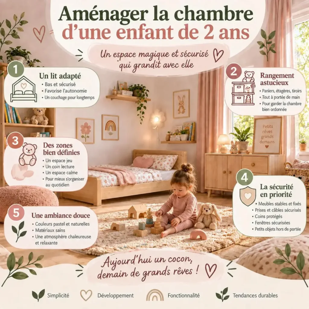 Infographie : aménager la chambre d'une enfant de 2 ans - lit bas, rangements, zones de jeu, sécurité et ambiance douce.