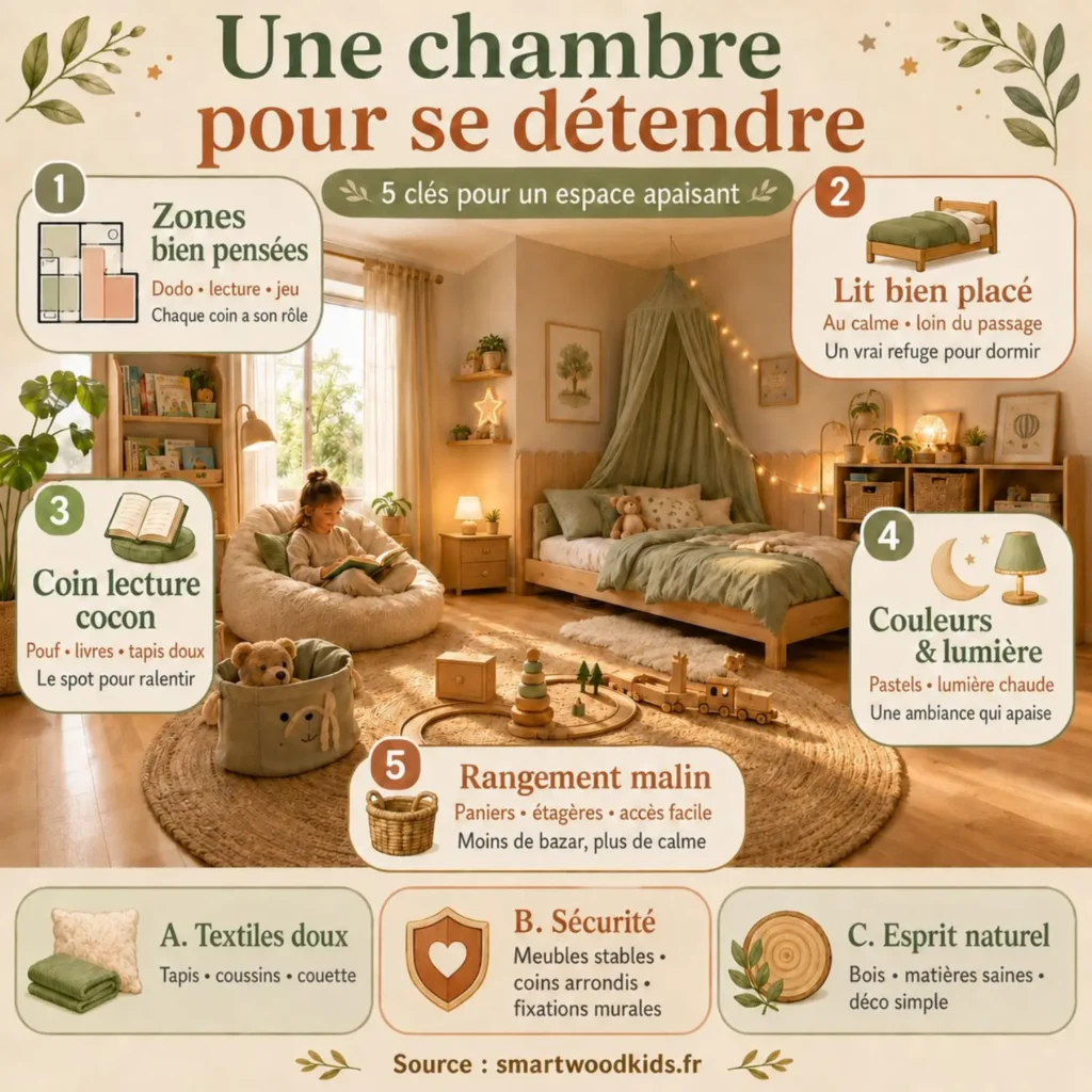 Infographie : une chambre d'enfant apaisante - zones bien pensées, lit au calme, coin lecture, lumière douce et rangement malin.