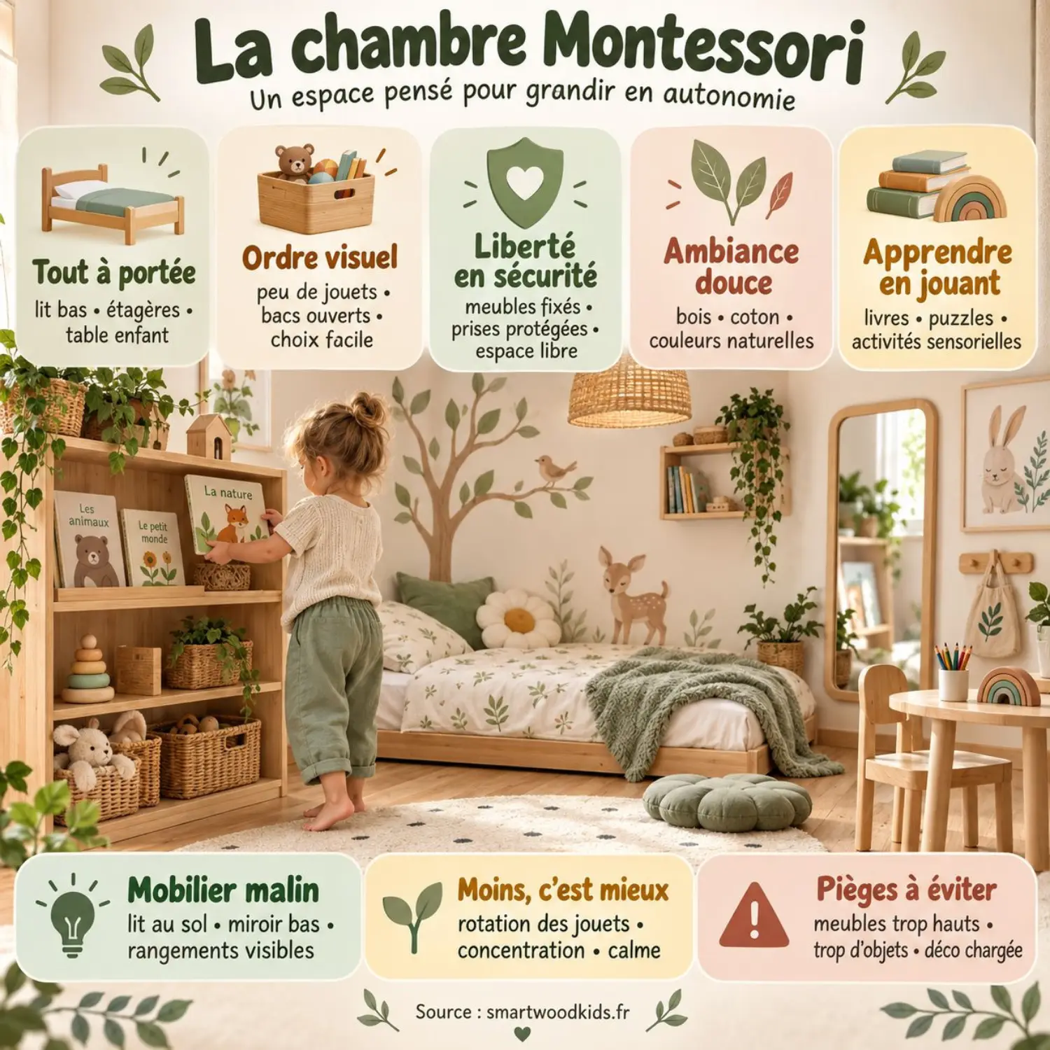 Infographie : la chambre Montessori - tout à portée de l'enfant, ordre visuel, liberté en sécurité, ambiance douce et apprentissage par le jeu.