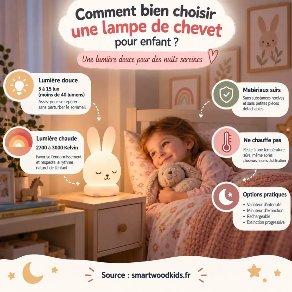 Infographie : choisir une lampe de chevet pour enfant - lumière douce et chaude, matériaux sûrs, pas de surchauffe et options pratiques.