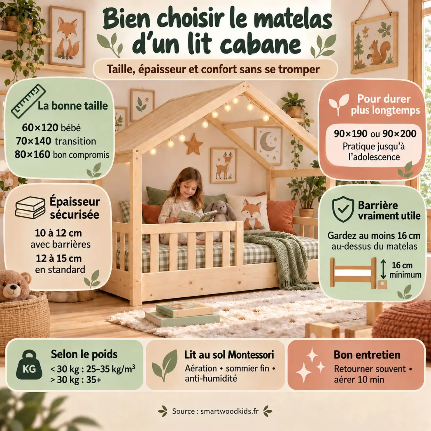 Infographie : choisir le matelas d'un lit cabane - bonne taille, épaisseur adaptée aux barrières, hauteur de barrière utile et entretien.