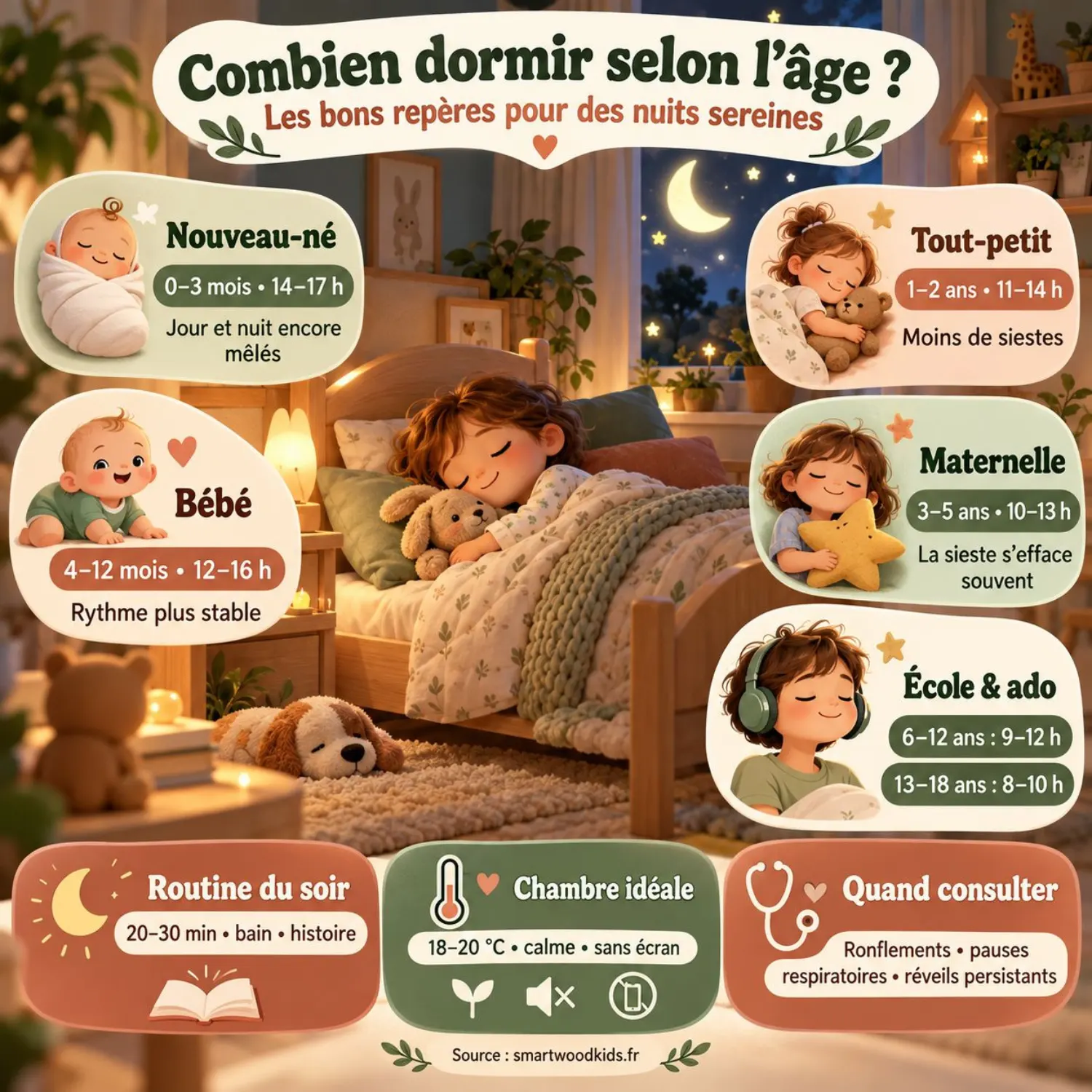 Infographie : besoins de sommeil par âge, du nouveau-né à l’adolescent, avec routine du soir, température de la chambre et signes à surveiller.