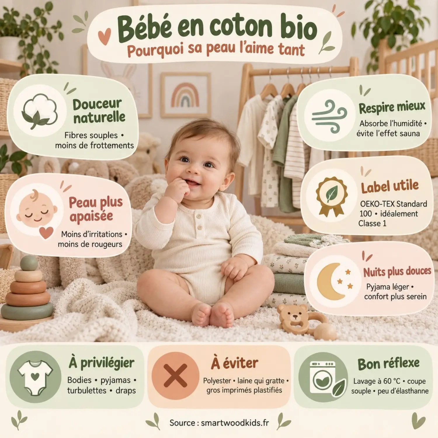 Infographie : le coton bio pour bébé - fibres souples, bonne respirabilité, label à vérifier, matières à éviter et entretien.