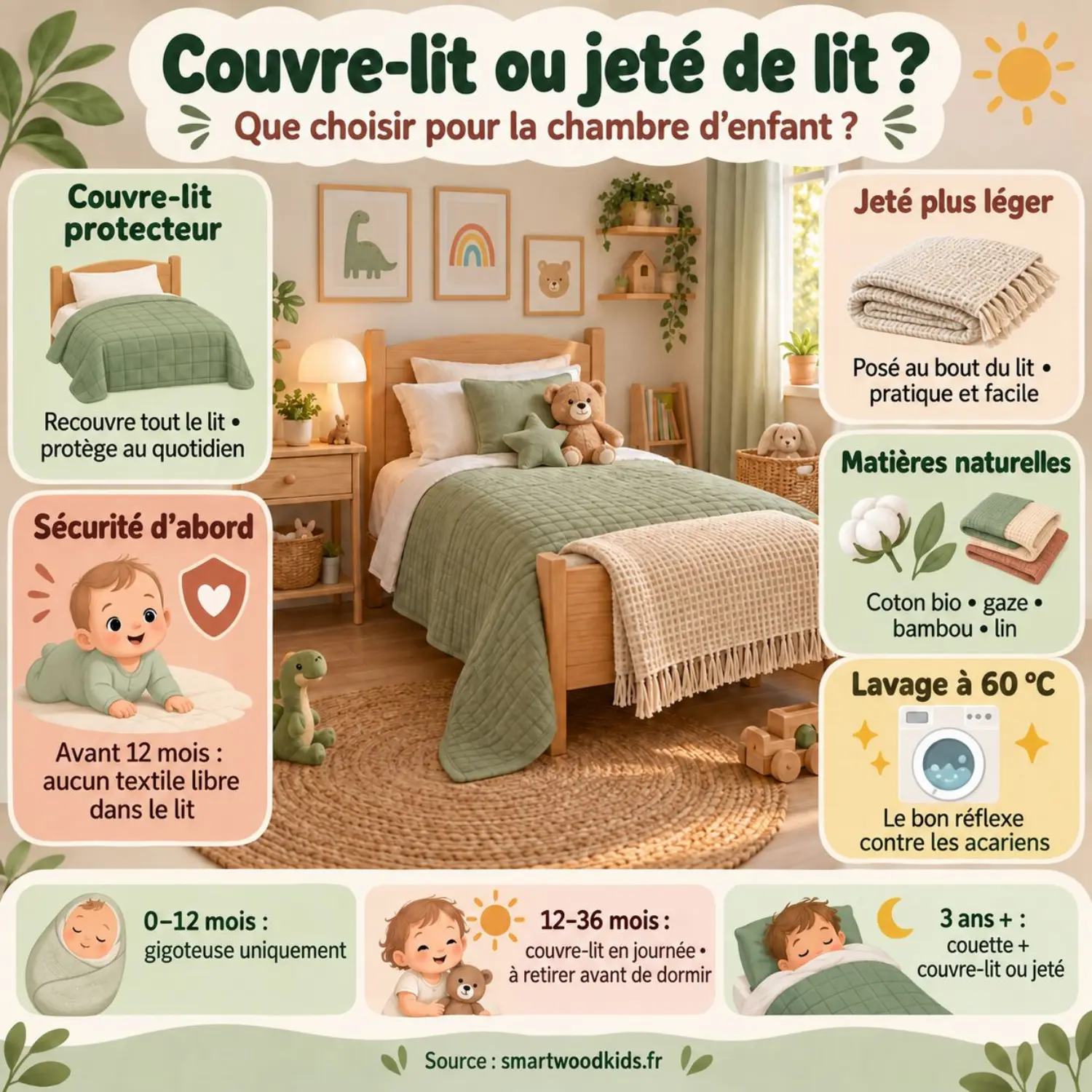 Infographie : couvre-lit ou jeté de lit dans la chambre d'enfant - protection au quotidien, légèreté, matières, lavage et repères par âge.