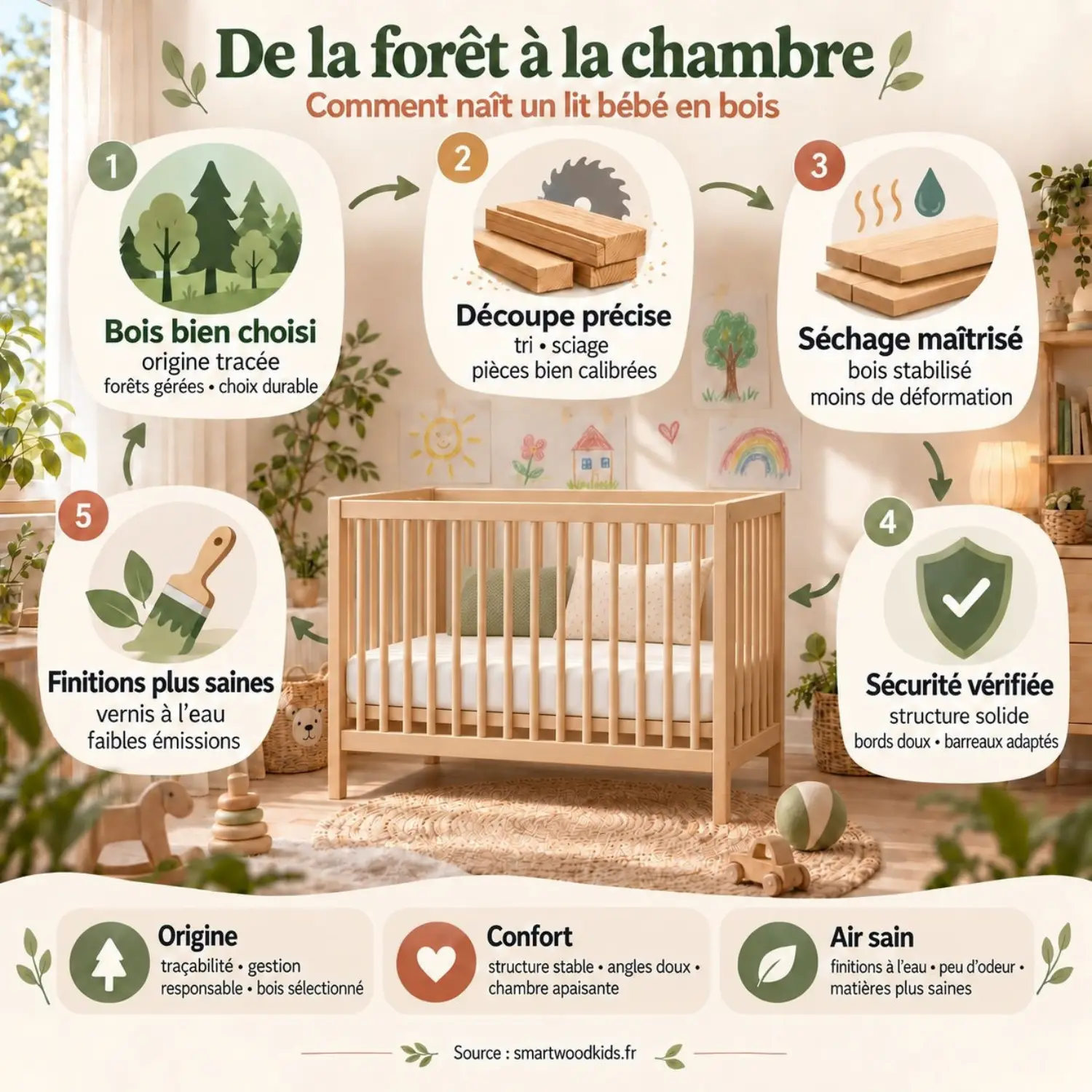 Infographie : les cinq étapes de fabrication d'un lit en bois - choix du bois, découpe, séchage, contrôle de sécurité et finitions.