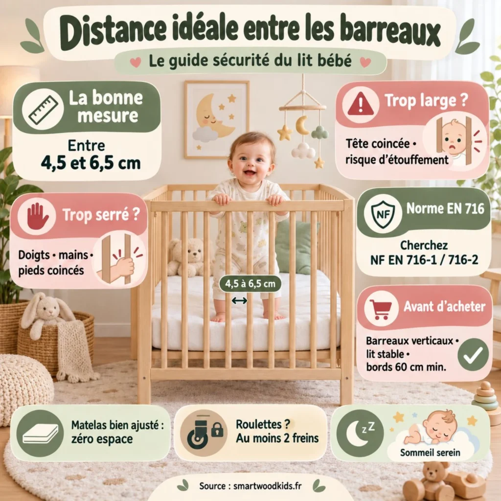 Infographie : la distance idéale entre les barreaux d'un lit bébé — écart recommandé, risques si trop large ou trop serré, points à vérifier avant l'achat.
