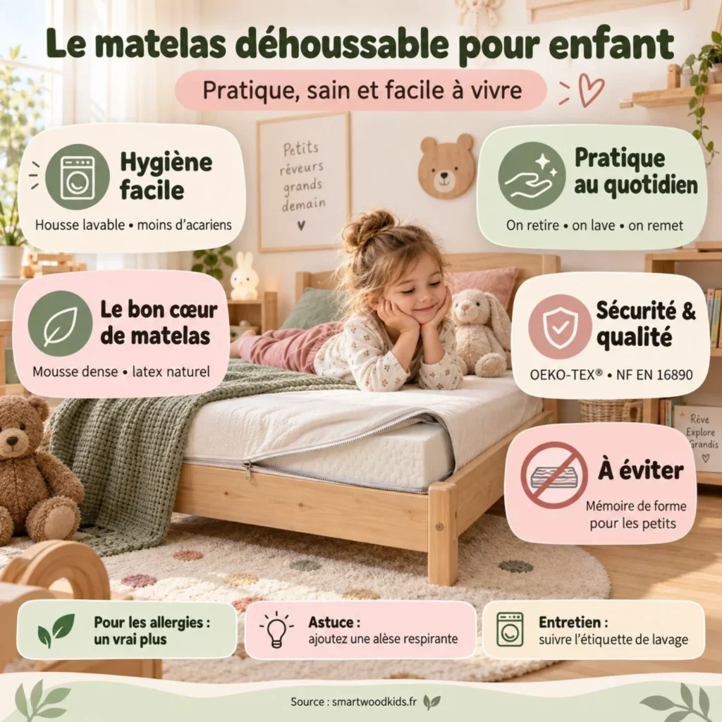 Infographie : le matelas déhoussable pour enfant - housse lavable, cœur en mousse dense ou latex, entretien simple et pièges à éviter.
