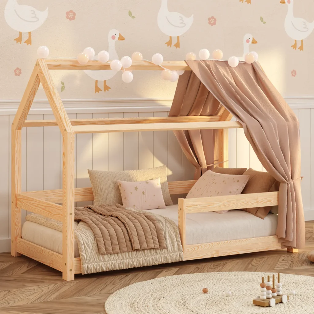 Lit cabane enfant MILO avec barrière de sécurité.