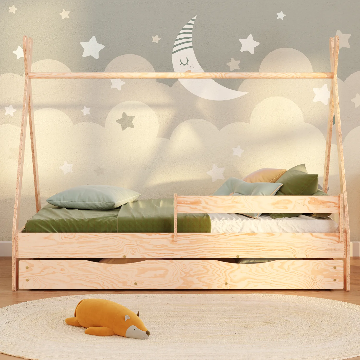 Lit cabane en bois pour enfant avec tiroir, barrière de sécurité et sommier TIPI DRAWER Montessori