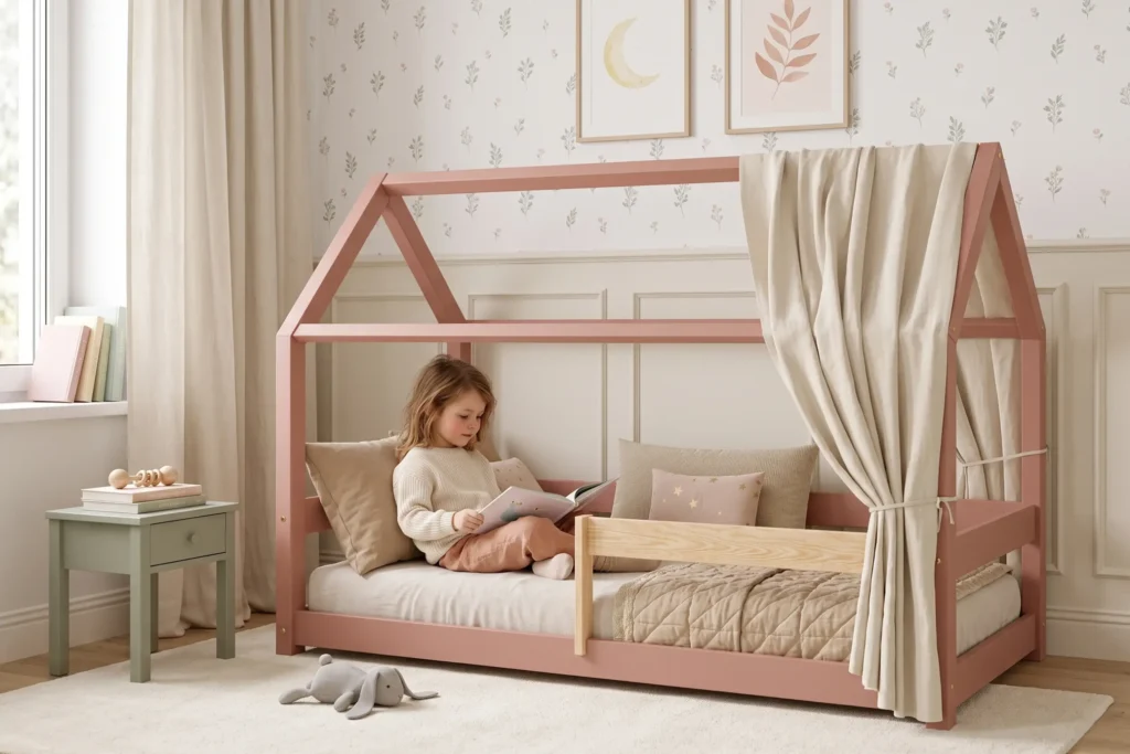Lit cabane MILO rose avec ciel de lit en tissu et barrière, petite fille assise qui lit un livre dans sa chambre fleurie.