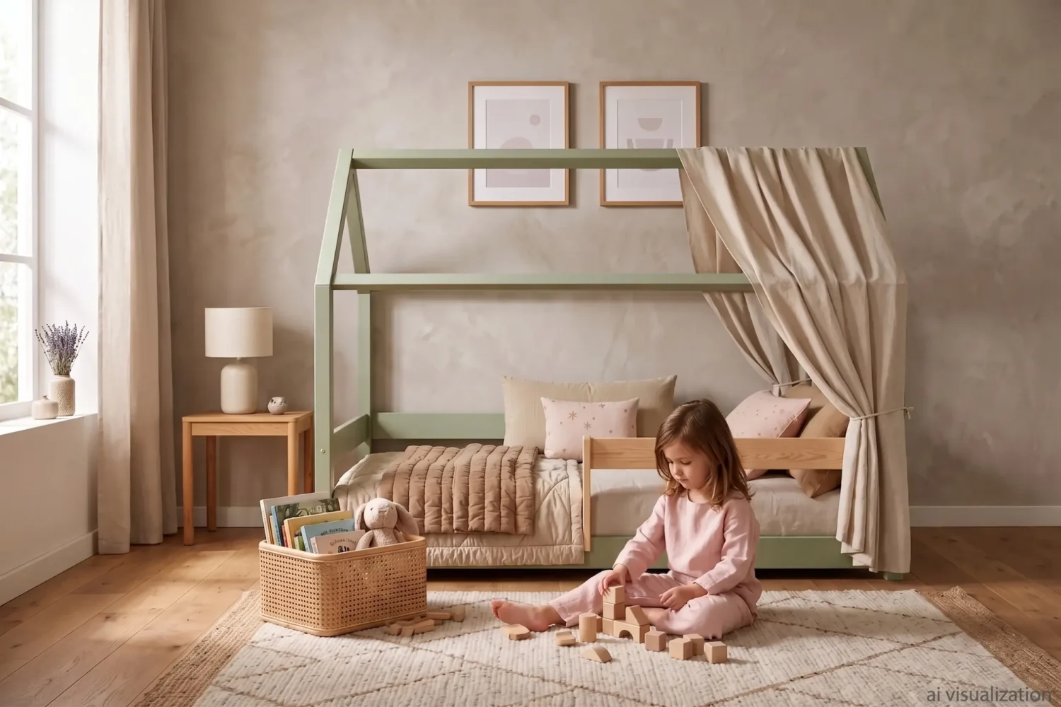 Lit cabane MILO vert avec ciel de lit en tissu et barrière en bois, petite fille qui joue aux cubes sur le tapis devant le lit.