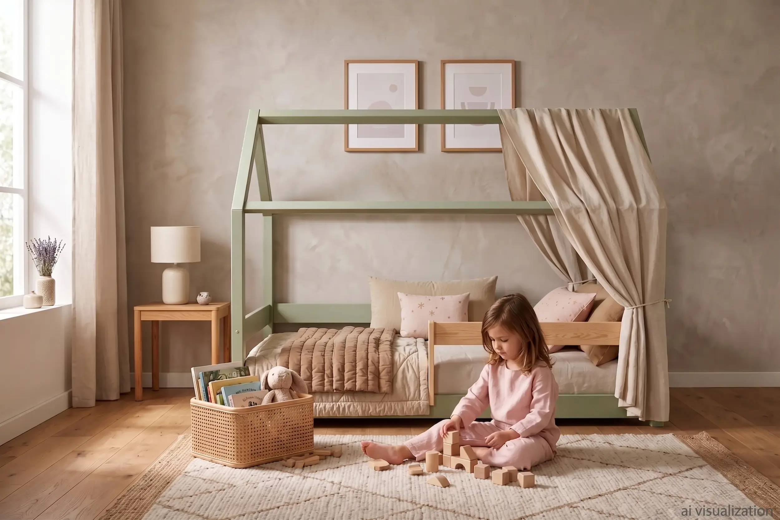 Lit cabane MILO vert avec ciel de lit en tissu et barrière en bois, petite fille qui joue aux cubes sur le tapis devant le lit.