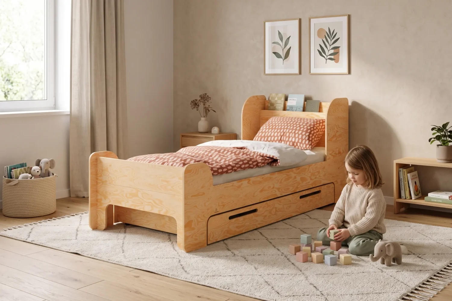Lit enfant FLOU D coloris naturel avec tiroir de rangement et étagère à livres dans la tête de lit, petite fille qui joue aux cubes sur le tapis.
