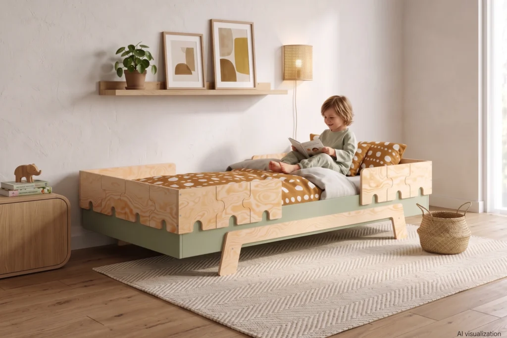 Lit enfant PUZZLE BR2 vert avec barrières en contreplaqué à découpes puzzle, petit garçon assis qui lit un livre.